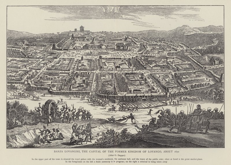 Banza Lovangiri, die Hauptstadt des ehemaligen Königreichs Lovango, um 1670 (Lithografie) von English School