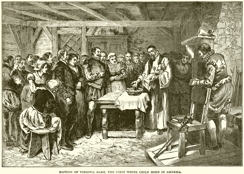 Taufe von Virginia, dem ersten weißen Kind, das in Amerika geboren wurde von English School