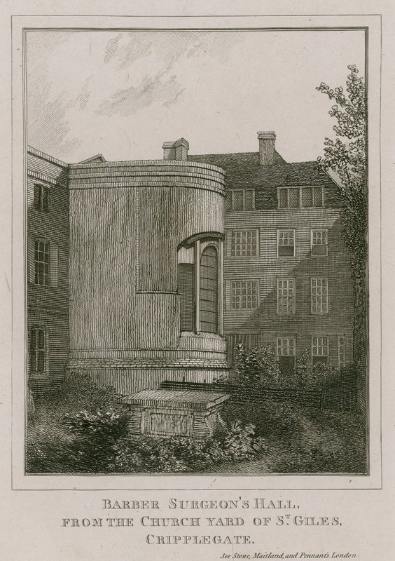 Barber Surgeons Hall, Monkwell Street, London, gesehen vom Kirchhof von St Giles, Cripplegate von English School