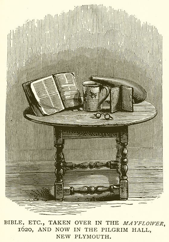Bibel usw., die mit der Mayflower, 1620, nach New Plymouth gebracht wurden und jetzt in der Pilgrim Hall sind von English School