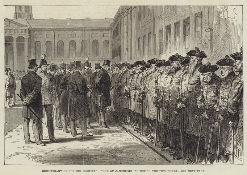 Zweihundertjahrfeier des Chelsea Hospitals, Herzog von Cambridge inspiziert die Pensionäre (Stich) von English School