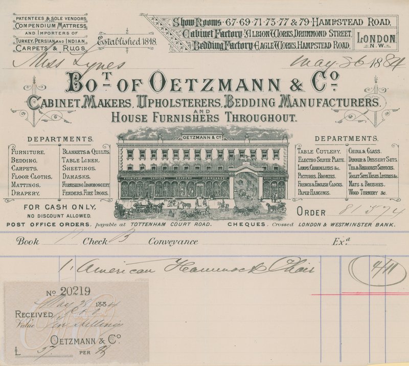 Rechnung von Oetzmann & Co, Möbelhersteller, Polsterer, Bettwarenhersteller und Hauseinrichter von English School