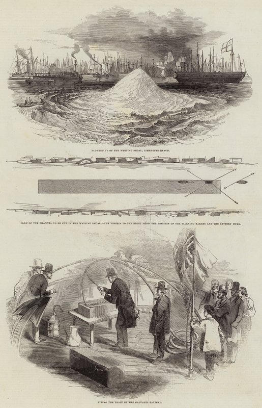 Sprengung der Whiting Shoal bei Limehouse Reach (Stich) von English School
