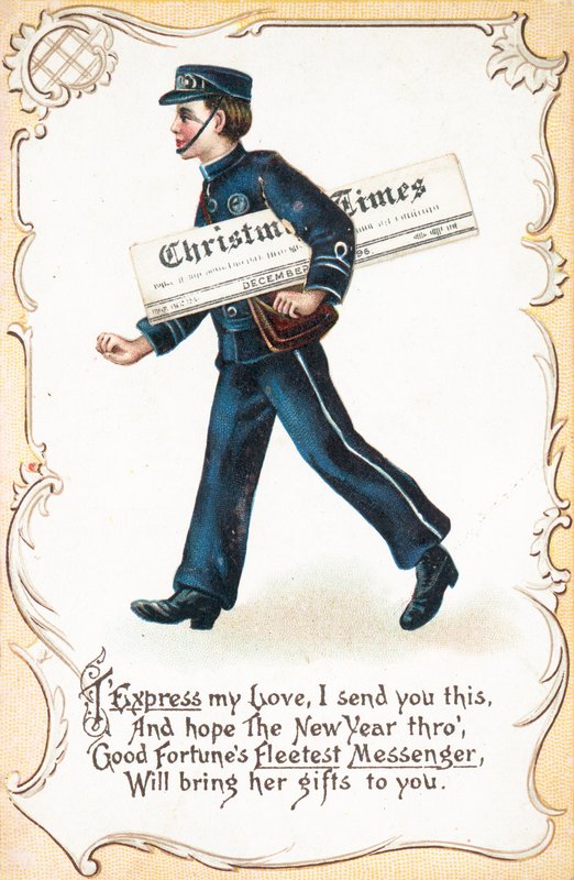 Junge liefert Weihnachtszeitung aus, Weihnachtskarte von English School