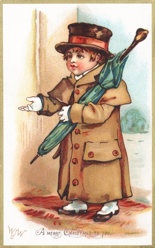Junge hält Regenschirm an der Tür, Weihnachtskarte von English School