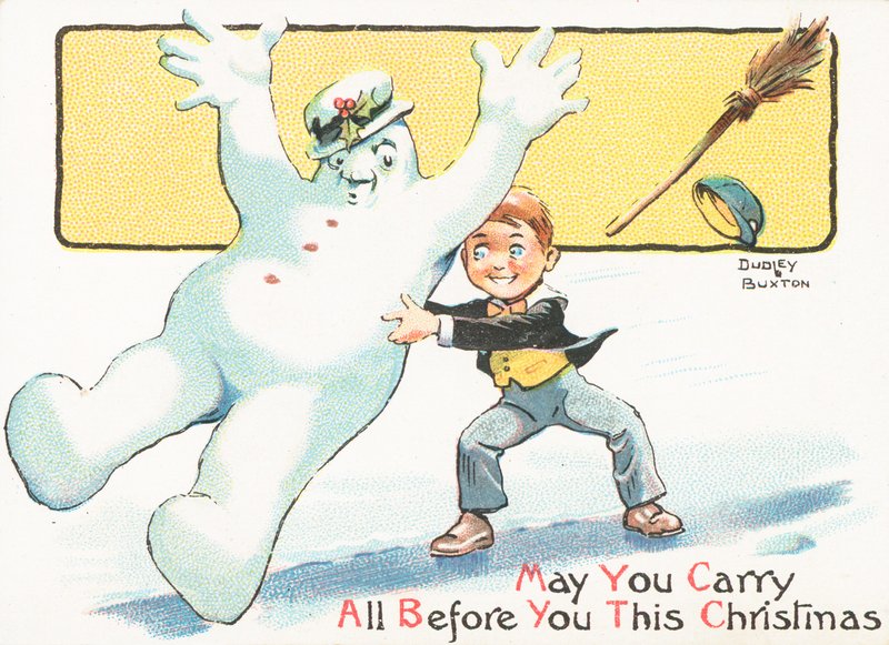 Junge schiebt Schneemann auf Eis, Weihnachtskarte von English School