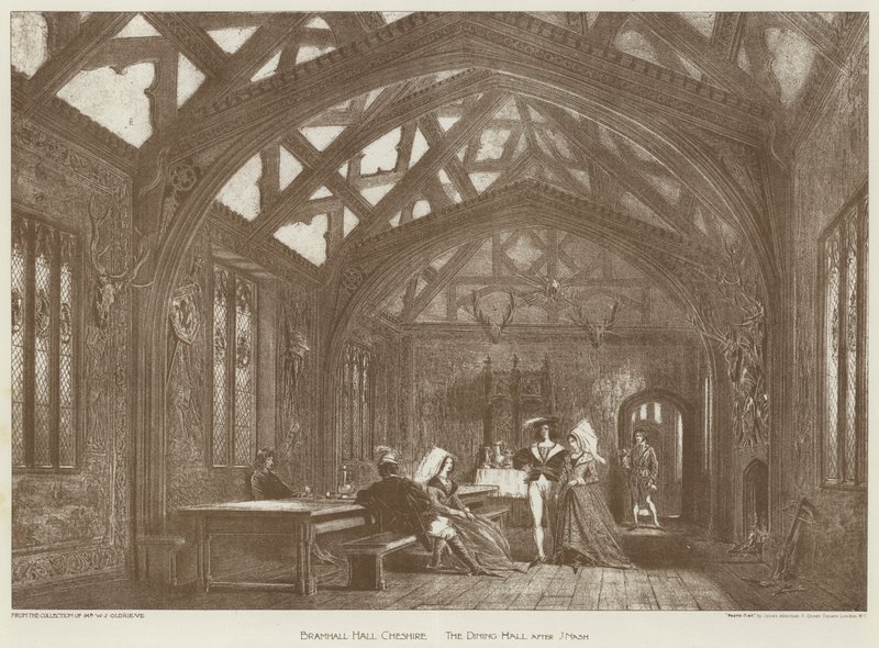 Bramhall Hall, Cheshire, Der Speisesaal (Lithografie) von English School