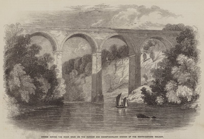 Brücke über den Fluss Wear an der Durham und Bishop-Auckland Zweigstelle der Nordöstlichen Eisenbahn (Gravur) von English School