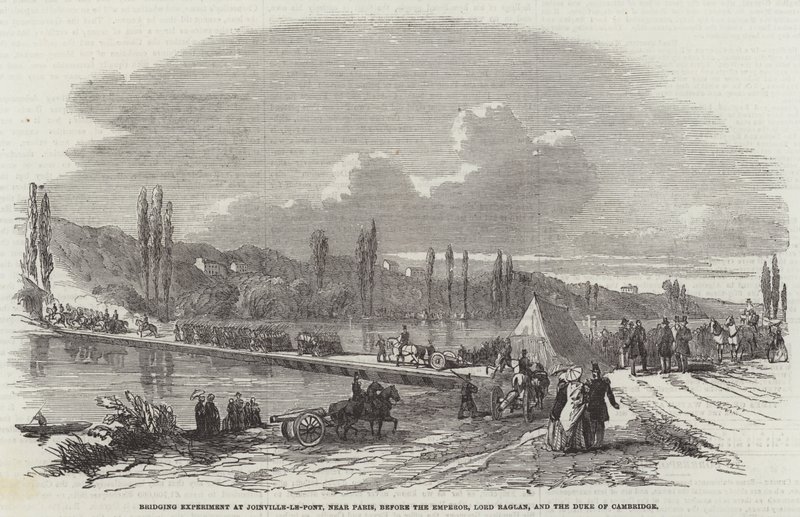 Brückenexperiment in Joinville-le-Pont, nahe Paris, vor dem Kaiser, Lord Raglan und dem Herzog von Cambridge (Gravur) von English School