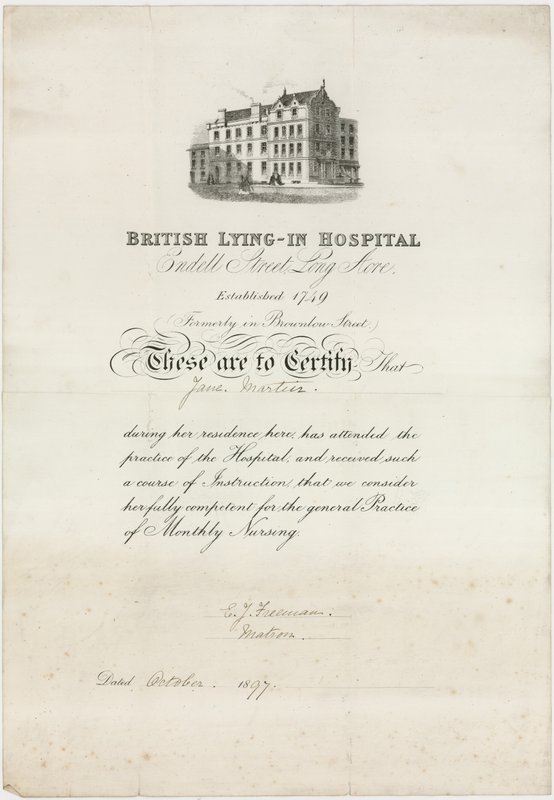 British Lying-In Hospital. Pflegezertifikat von English School