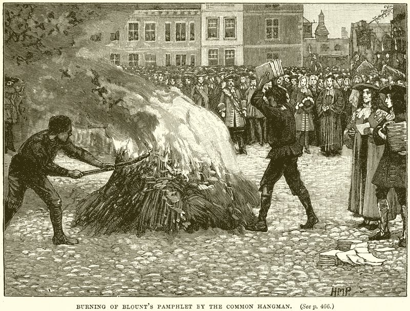 Verbrennung der Broschüre von Blount durch den öffentlichen Henker von English School