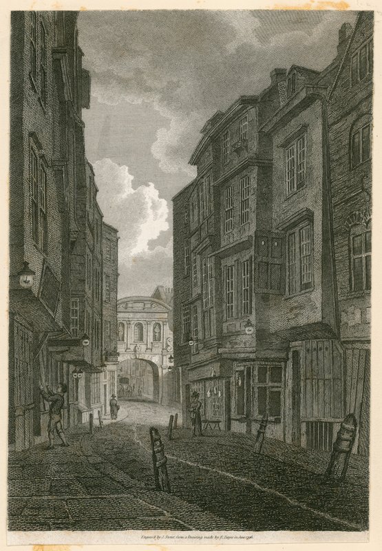 Butcher Row, Blick von Temple Bar, basierend auf einer Zeichnung von Edward Dayes, 9. Juni 1796 von English School