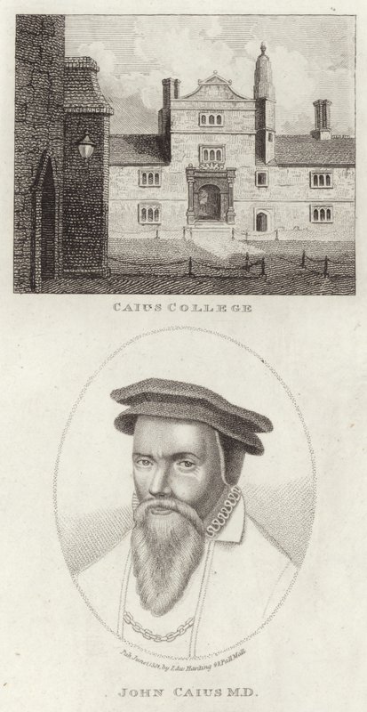 Caius College und ein Porträt von John Caius von English School
