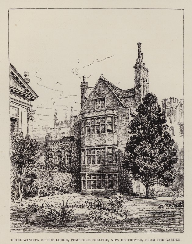 Cambridge: Oriel-Fenster der Lodge, Pembroke College, jetzt zerstört, vom Garten aus von English School