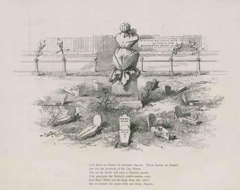 Karikatur, Satire auf Albert Grant, die Gräber repräsentieren seine dubiosen Spekulationen von English School