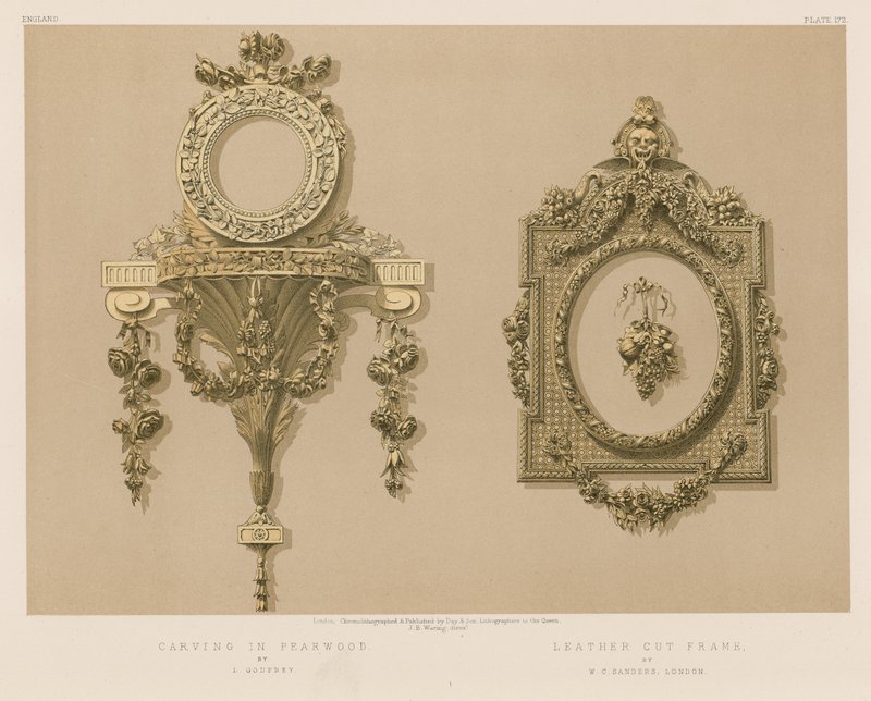 Schnitzerei in Birnbaumholz von L. Godfrey; Lederrahmen von W.C. Sanders, London von English School