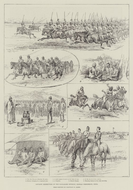 Kavalleriemanöver der Bangalore-Division, Madras-Präsidentschaft, Indien von English School