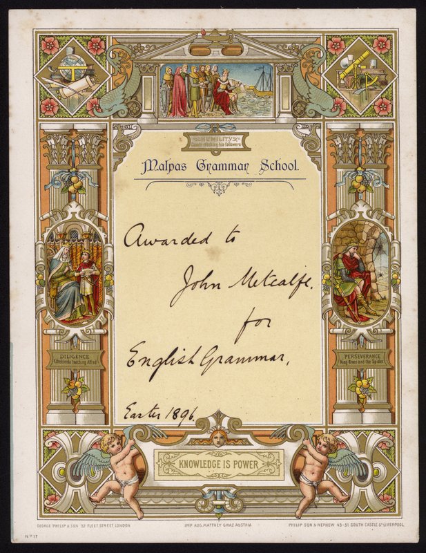 Zertifikat für Englisch-Grammatik, verliehen an einen Schüler der Malpas Grammar School, Cheshire von English School