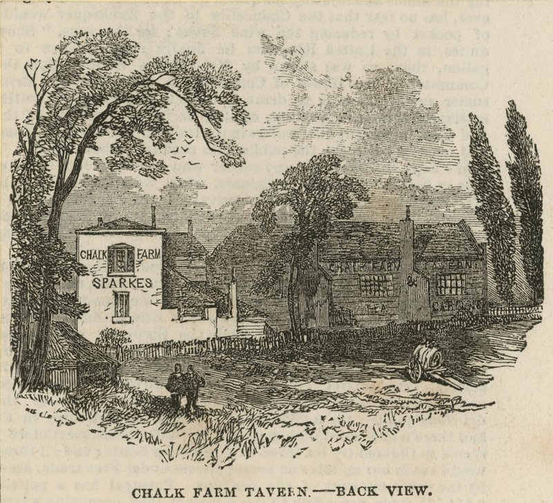 Chalk Farm Taverne, London, Rückansicht von English School