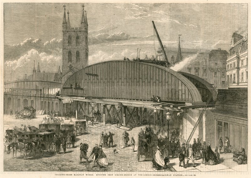 Charing Cross Eisenbahnarbeiten: riesiger Eisenträger an der London Bridge Eisenbahnstation von English School