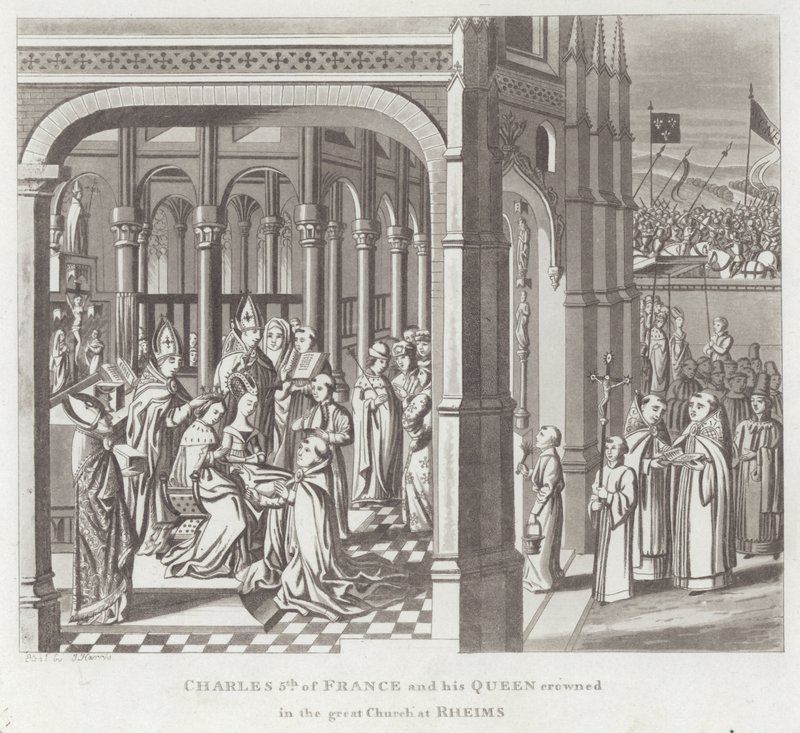 Karl V. von Frankreich und seine Königin in der großen Kirche von Reims gekrönt von English School