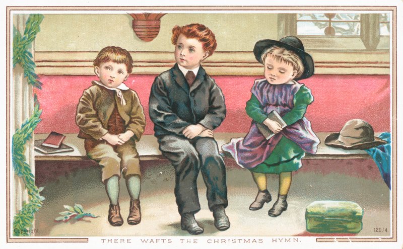 Kinder sitzen in der Kirche, Weihnachtskarte von English School
