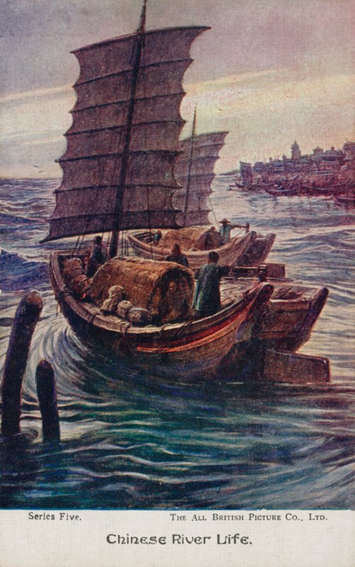 Chinesisches Flussleben (Farblithografie) von English School