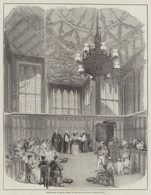 Taufe von Prinz Alfred in der Privatkapelle, Windsor Castle (Gravur) von English School
