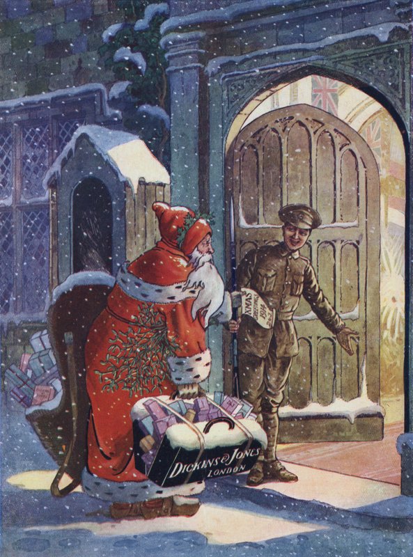 Weihnachtswerbung zeigt den Weihnachtsmann, der Geschenke für Soldaten des Ersten Weltkriegs von Dickins und Jones Kaufhaus bringt von English School