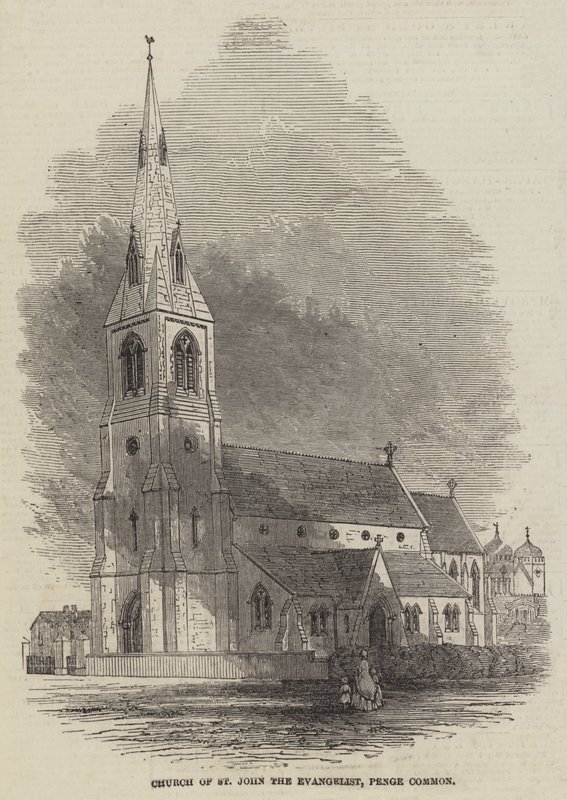 Kirche St. Johannes der Evangelist, Penge Common (Stich) von English School