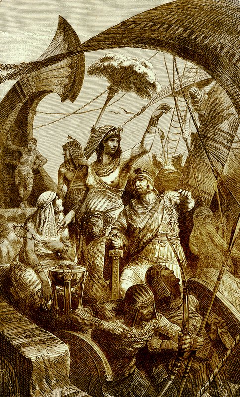 Kleopatra in der Schlacht von Actium, Illustration aus Die illustrierte Geschichte der Welt, veröffentlicht um 1880 (digital verbessert) von English School