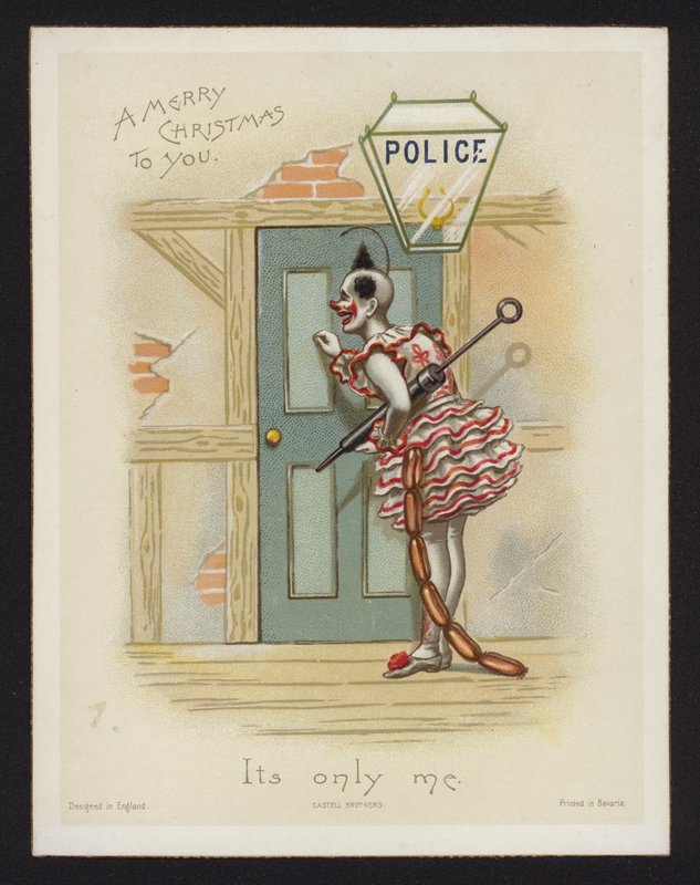 Clown klopft an die Tür einer Polizeistation von English School