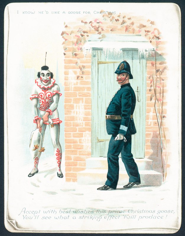 Clown wartet auf Polizisten mit Gans, Weihnachtskarte von English School