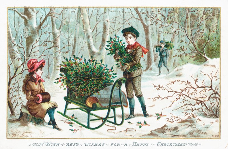 Stechpalme sammeln im Wald, Weihnachtskarte von English School