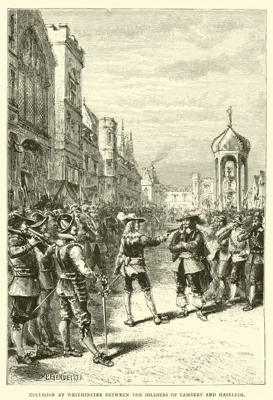 Zusammenstoß in Westminster zwischen den Soldaten von Lambert und Haselrig von English School