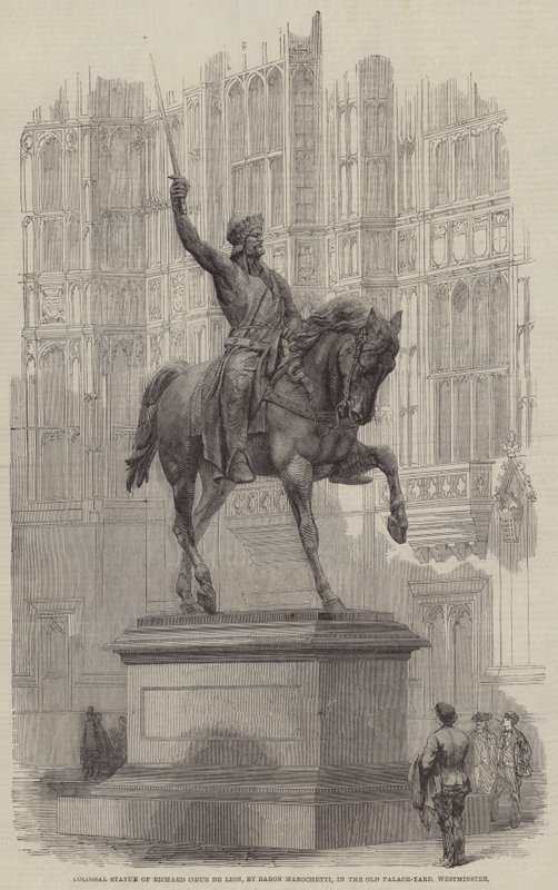 Kolossale Statue von Richard Löwenherz, von Baron Marochetti, im Alten Palasthof, Westminster (Stich) von English School