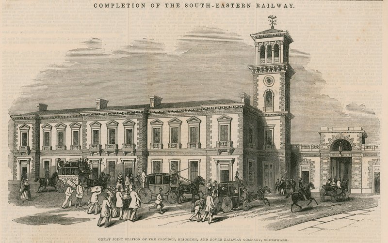 Fertigstellung der South-Eastern Railway: Großer Gemeinschaftsbahnhof der Croydon, Brighton und Dover Railway Company, Southwark, London von English School