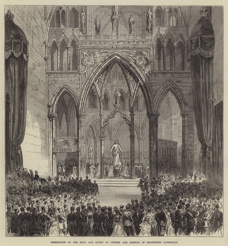 Krönung des Königs und der Königin von Schweden und Norwegen in der Kathedrale von Trondhjem (Stich) von English School