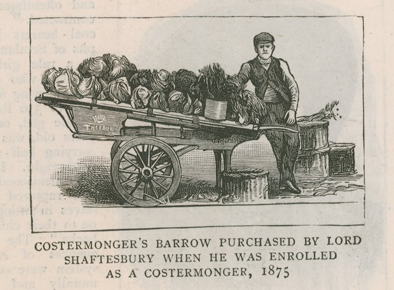 Schubkarre der Straßenhändler, gekauft von Lord Shaftesbury, als er 1875 als Straßenhändler eingeschrieben wurde von English School