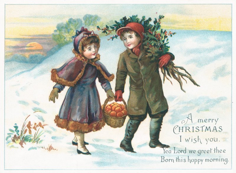Paar trägt Korb mit Obst und Stechpalme, Weihnachtskarte von English School