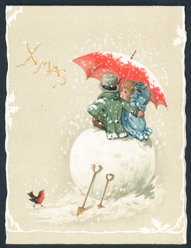 Paar sitzt auf riesigem Schneeball, Weihnachtskarte von English School