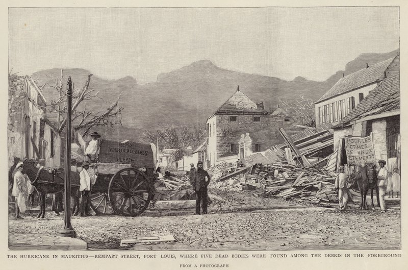 Schäden in der Rempart Street, Port Louis, verursacht durch den Mauritius-Zyklon von 1892 (Lithografie) von English School