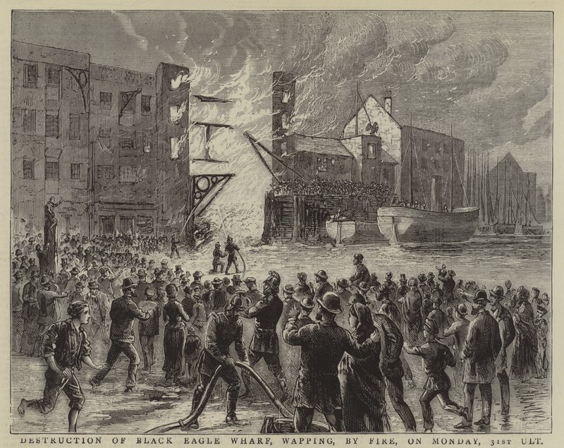 Zerstörung des Black Eagle Wharf, Wapping, durch Feuer am Montag, den 31. ult von English School