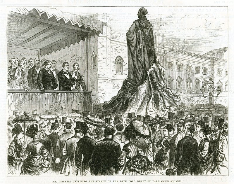 Disraeli enthüllt die Statue des verstorbenen Lord Derby auf dem Parliament Square, Westminster von English School