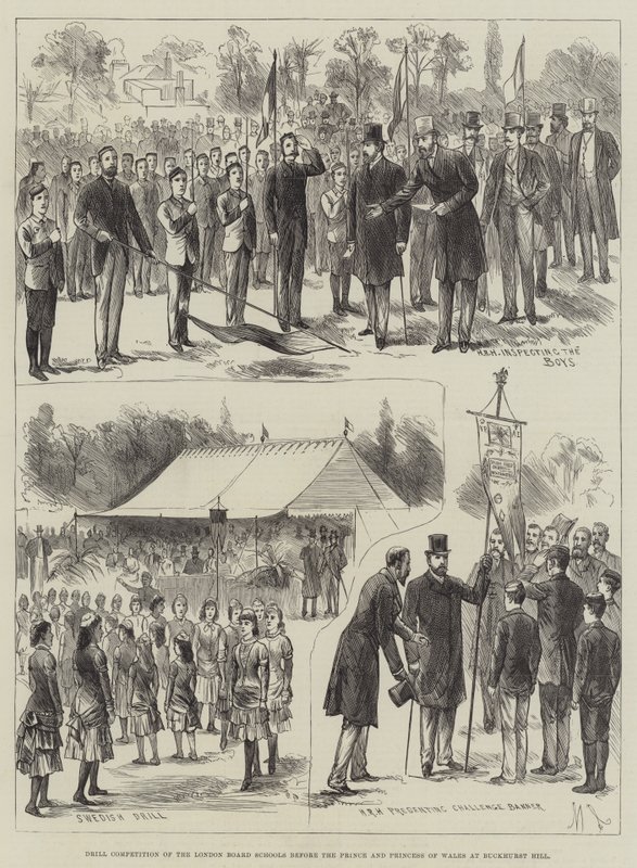 Drillwettbewerb der Londoner Schulbehörde vor dem Prinzen und der Prinzessin von Wales in Buckhurst Hill (Gravur) von English School