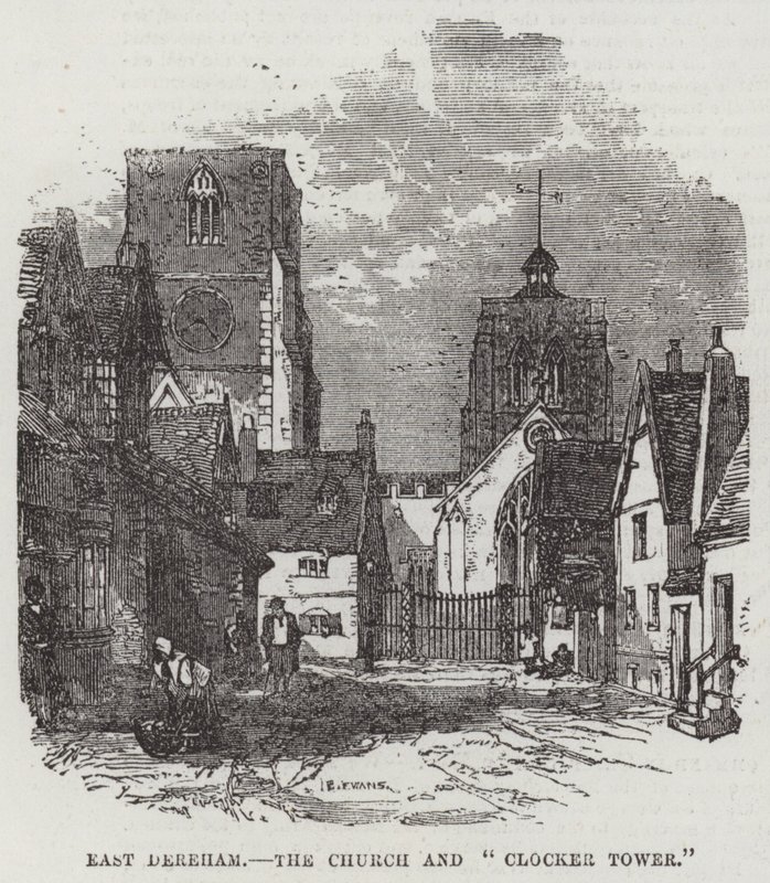 East Dereham, die Kirche und der "Clocker Tower" (Gravur) von English School