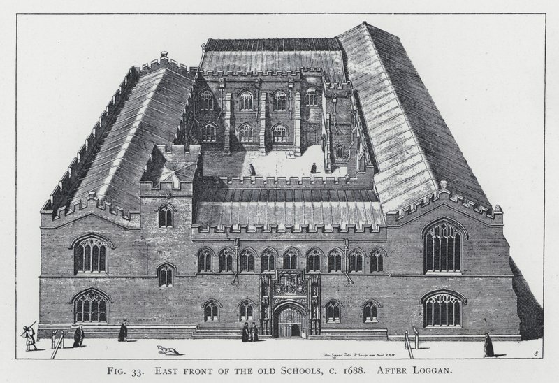 Ostfront der alten Schulen, ca. 1688, nach Loggan von English School