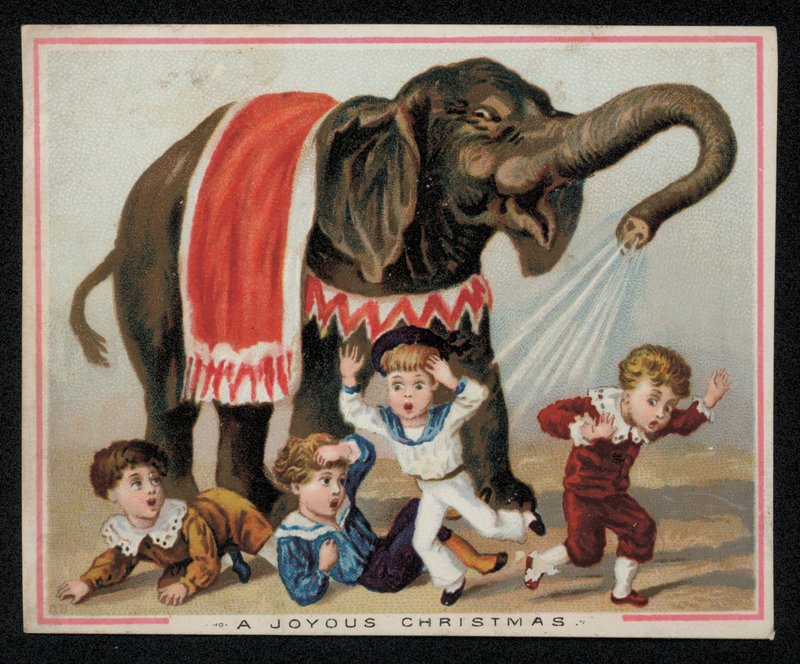 Elefant bespritzt spielerisch Kinder mit Wasser, Weihnachtskarte von English School