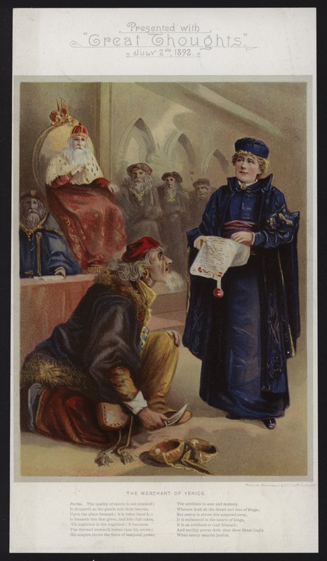 Ellen Terry als Portia in Der Kaufmann von Venedig von English School