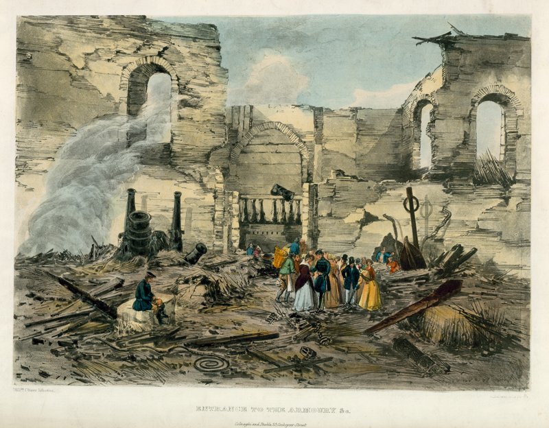 Eingang zur Rüstkammer, Tower von London Feuer, 1841 von English School